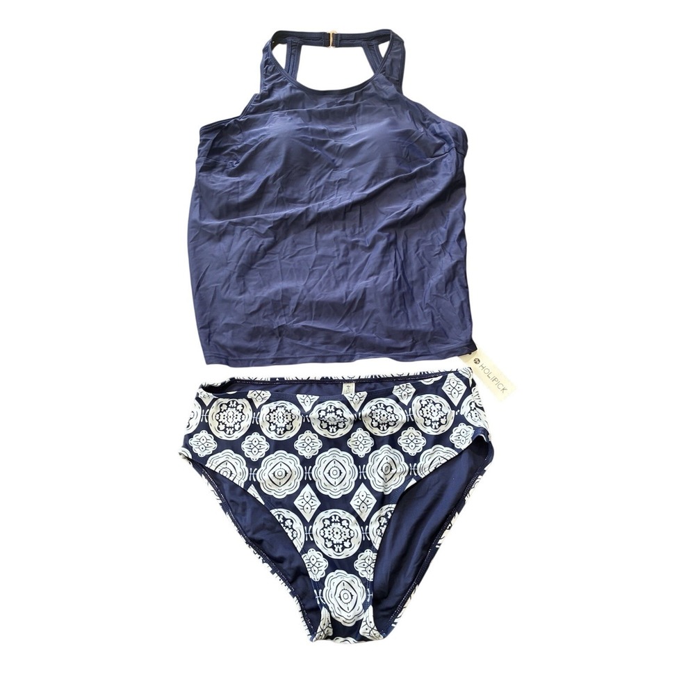 Holipick 2 PC Swimsuit High Neck Tummy Control Tankini Top Full Cover Bottom L